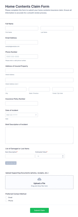 Home Contents Claim Form Template