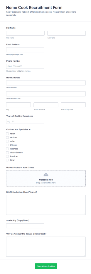 Home Cook Recruitment Survey Form Template