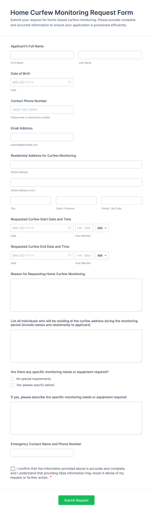 Home Curfew Monitoring Request Form Template