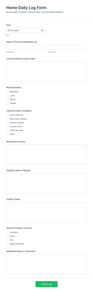Home Daily Log Form Template