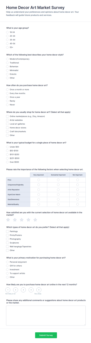 Home Decor Art Market Survey Form Template