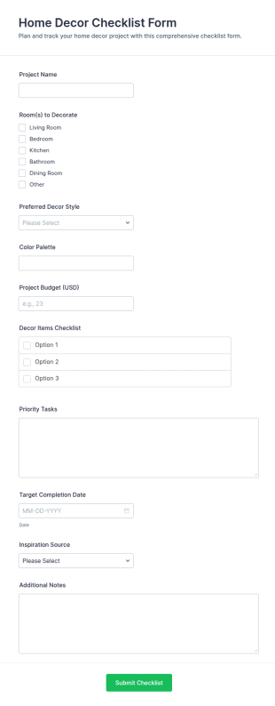 Home Decor Checklist Form Template
