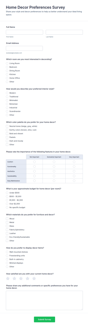 Home Decor Preferences Survey Form Template