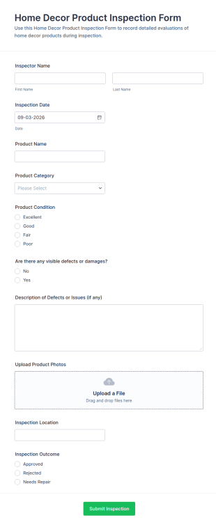 Home Decor Product Inspection Form Template