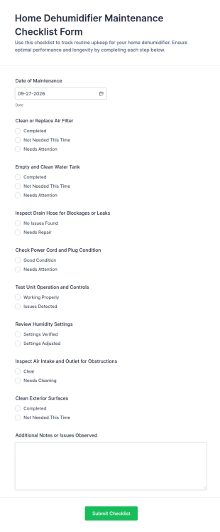Home Dehumidifier Maintenance Checklist Form Template