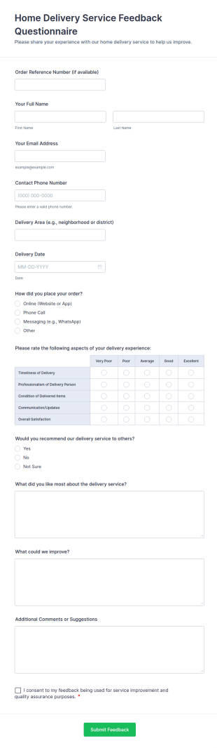 Home Delivery Service Feedback Questionnaire Form Template