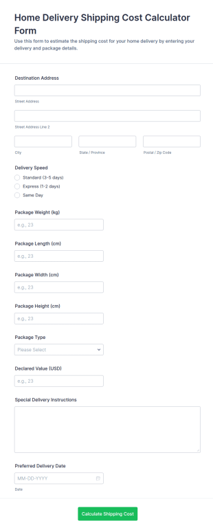 Home Delivery Shipping Cost Calculator Form Template