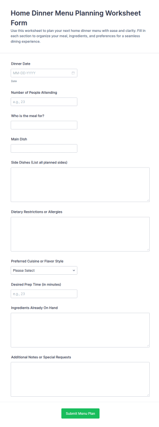 Home Dinner Menu Planning Worksheet Form Template