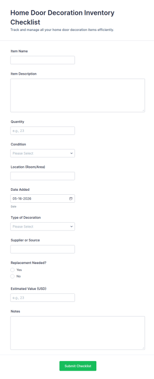 Home Door Decoration Inventory Checklist Form Template
