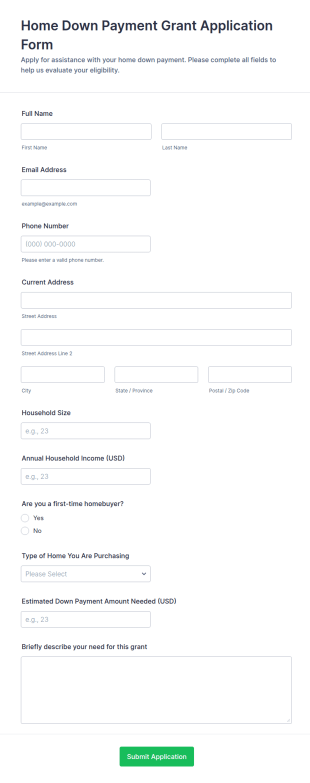 Home Down Payment Grant Application Form Template