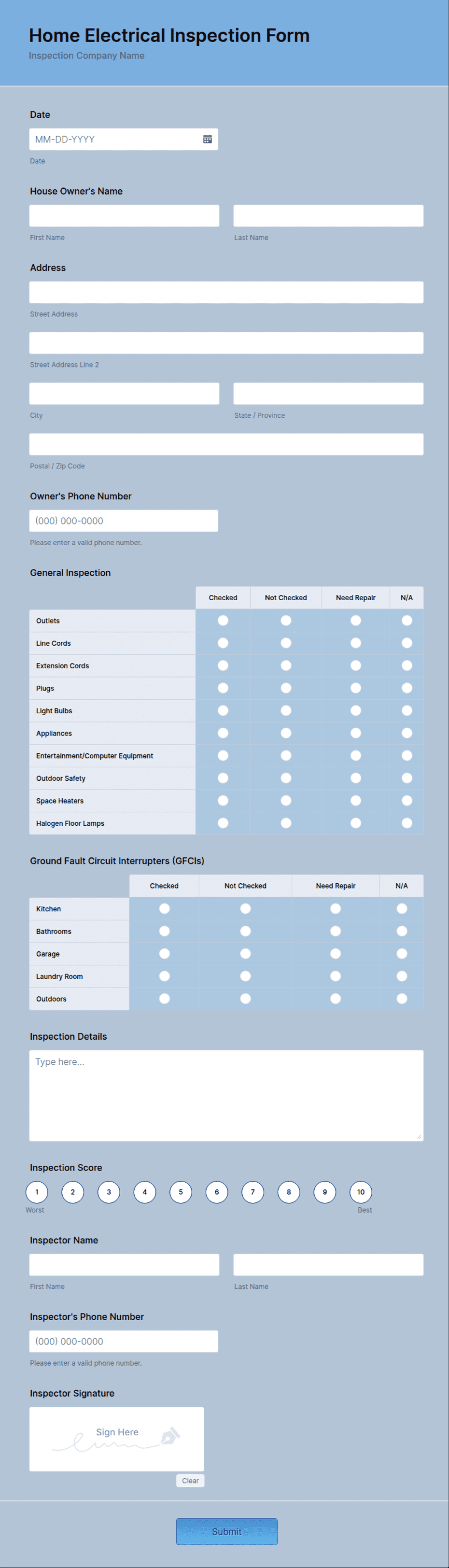 Home Electrical Inspection Form Template | Jotform