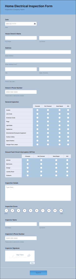 Home Electrical Inspection Form Template