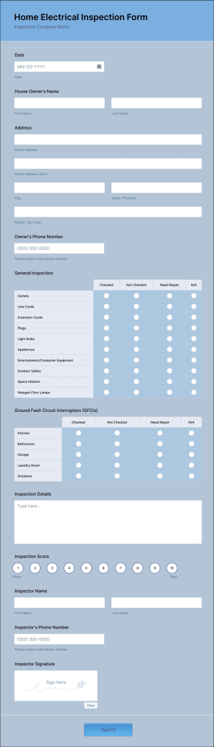 Home Electrical Inspection Form Template