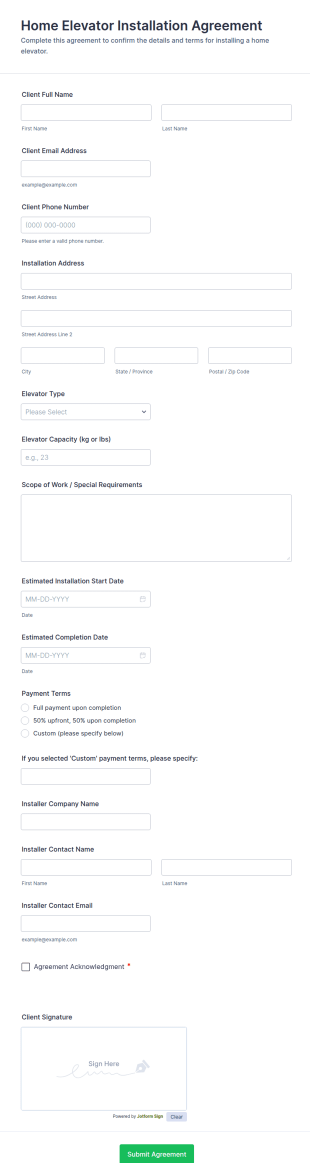 Home Elevator Installation Agreement Form Template