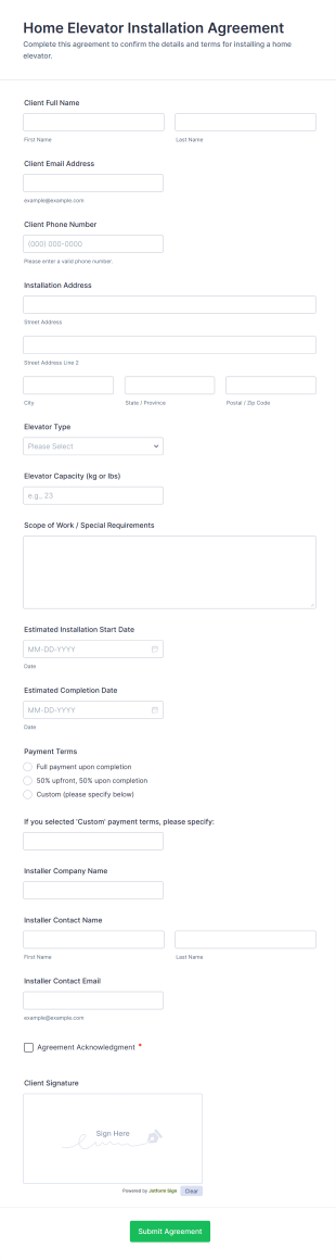 Home Elevator Installation Agreement Form Template
