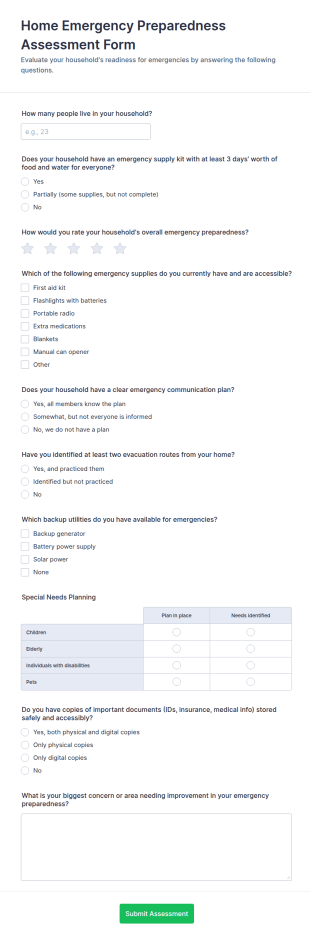 Home Emergency Preparedness Assessment Form Template
