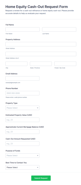 Home Equity Cash Out Request Form Template