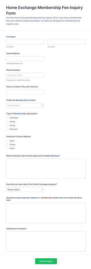 Home Exchange Membership Fee Inquiry Form Template