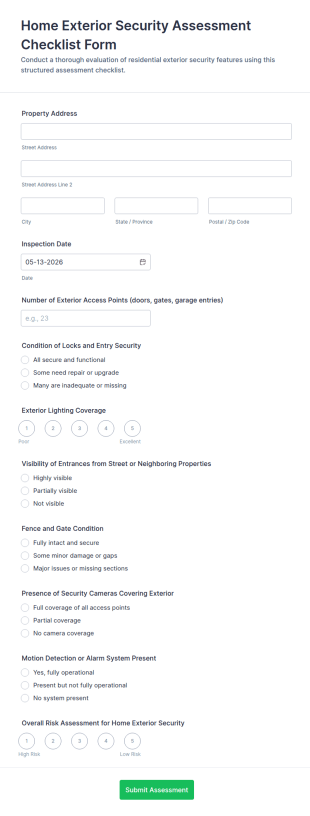 Home Exterior Security Assessment Checklist Form Template