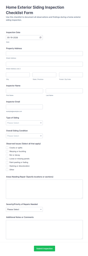 Home Exterior Siding Inspection Checklist Form Template
