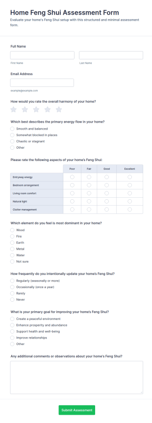 Home Feng Shui Assessment Form Template