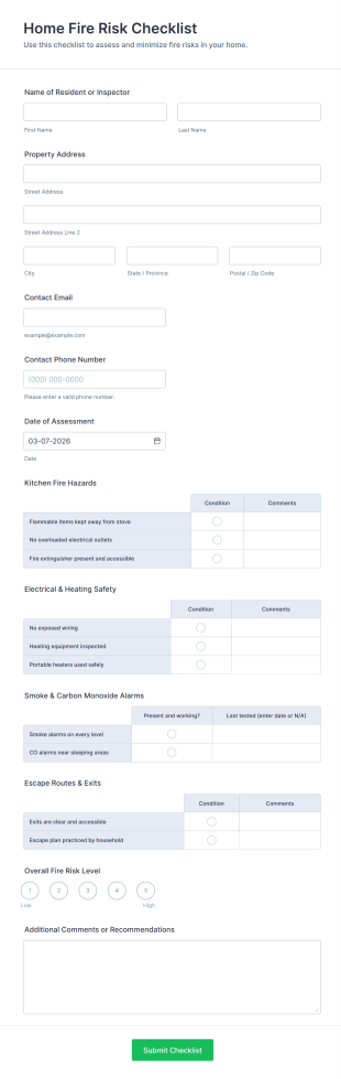 Home Fire Risk Checklist Form Template