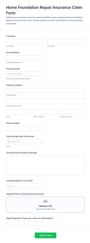 Home Foundation Repair Insurance Claim Form Template