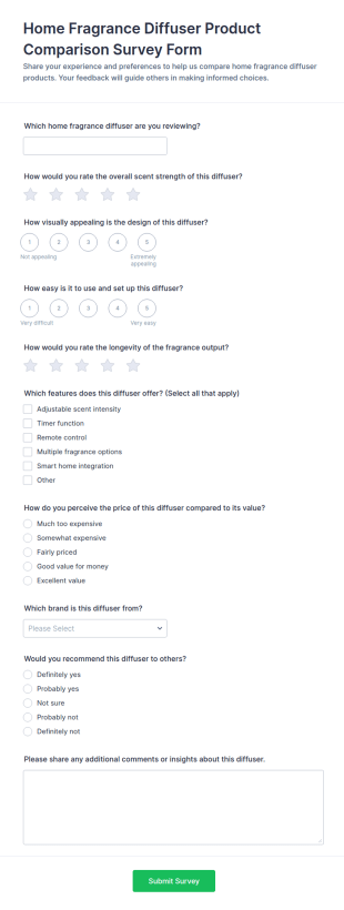 Home Fragrance Diffuser Product Comparison Survey Form Template