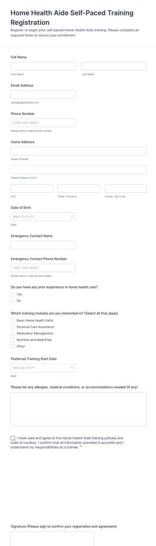 Home Health Aide Self Paced Training Registration Form Template