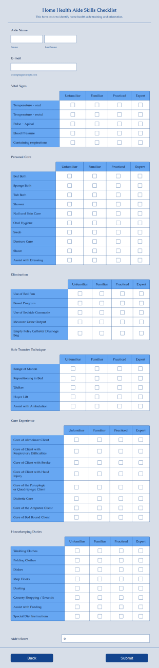 Home Health Aide Skills Checklist Form Template
