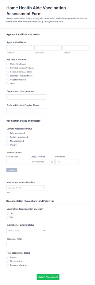 Home Health Aide Vaccination Assessment Form Template