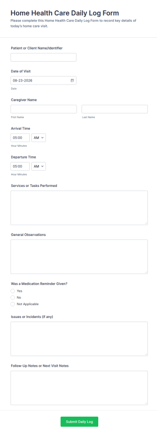 Home Health Care Daily Log Form Template