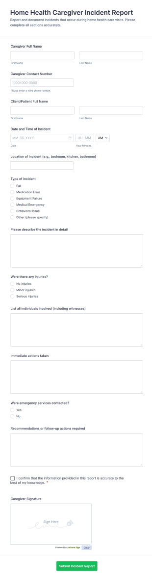 Home Health Caregiver Incident Report Form Template