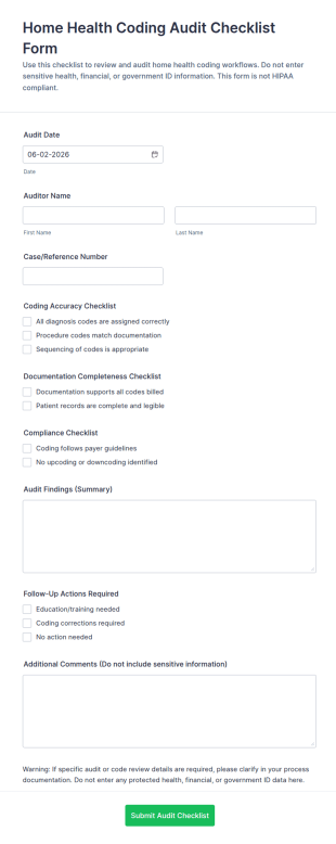 Home Health Coding Audit Checklist Form Template