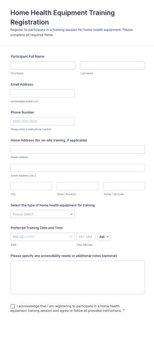 Home Health Equipment Training Registration Form Template
