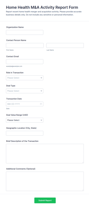 Home Health M&A Activity Report Form Template