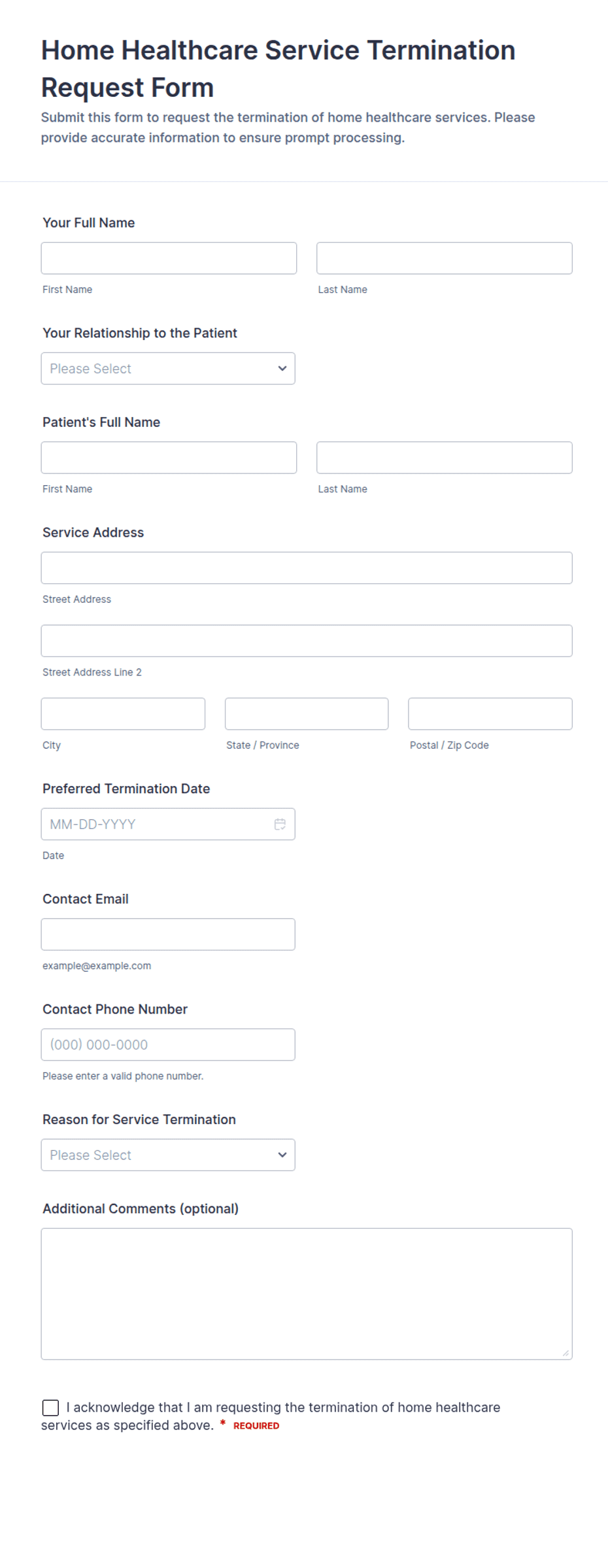 Home Healthcare Service Termination Request Form Template | Jotform