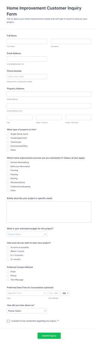 Home Improvement Customer Inquiry Form Template