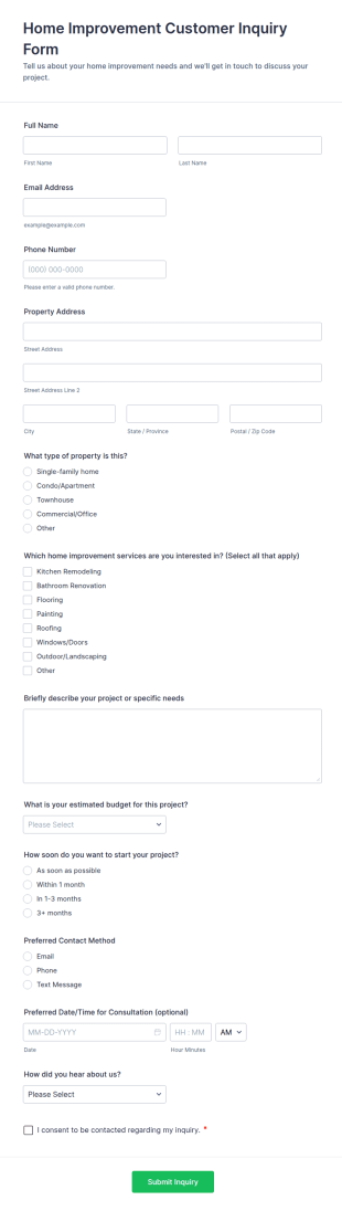 Home Improvement Customer Inquiry Form Template