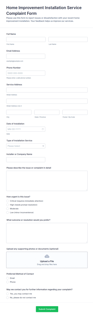 Home Improvement Installation Service Complaint Form Template