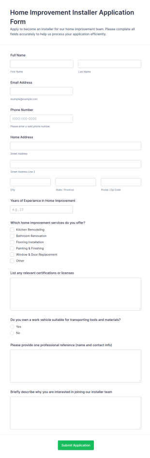 Home Improvement Installer Application Form Template