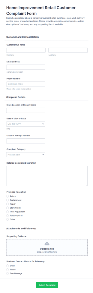 Home Improvement Retail Customer Complaint Form Template