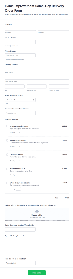 Home Improvement Same Day Delivery Order Form Template