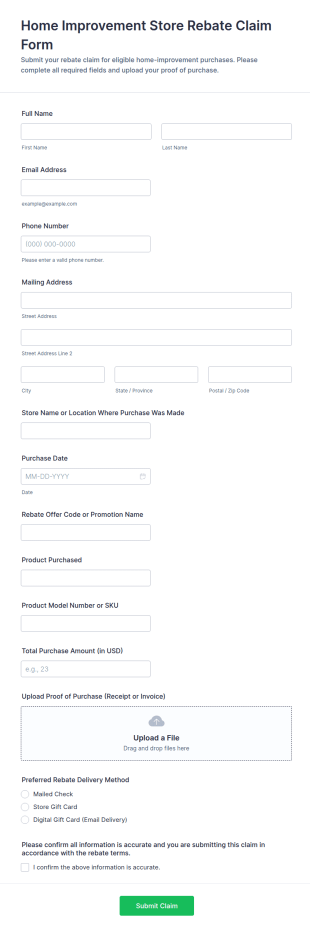 Home Improvement Store Rebate Claim Form Template