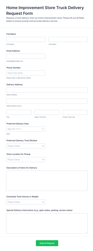 Home Improvement Store Truck Delivery Request Form Template
