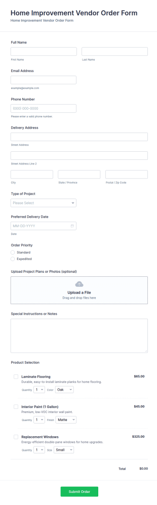 Home Improvement Vendor Order Form Template