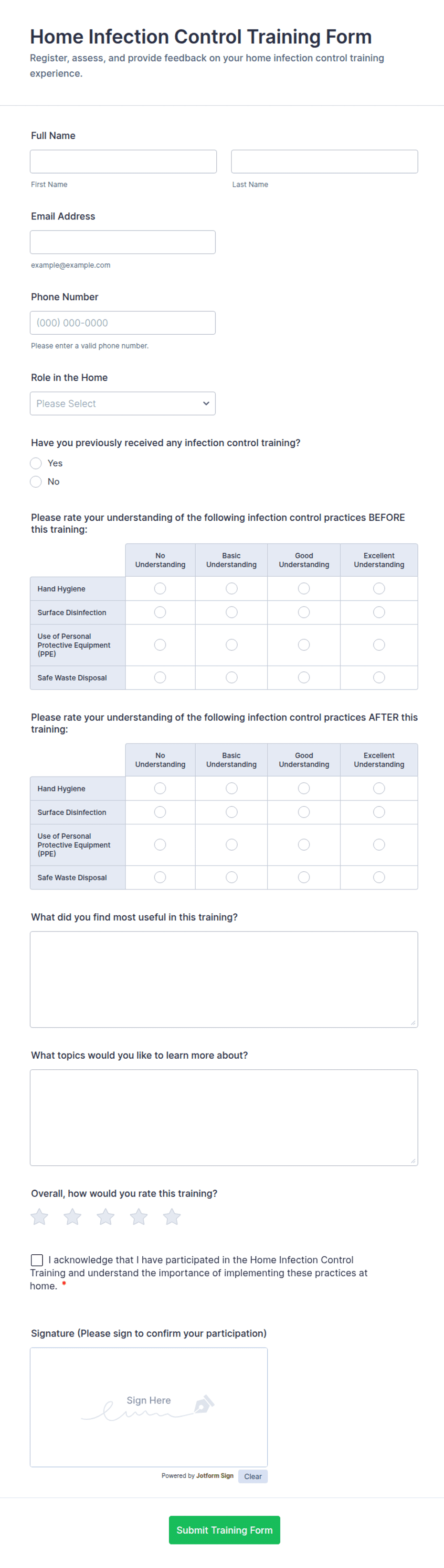 Home Infection Control Training Form Template | Jotform
