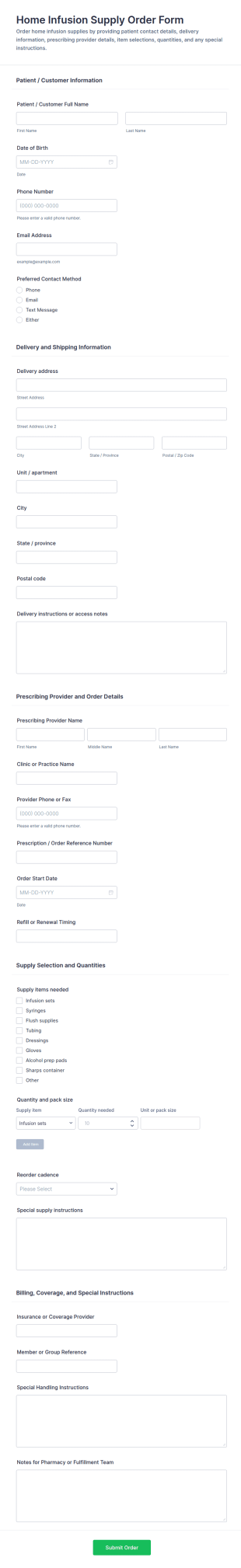 Home Infusion Supply Order Form Template