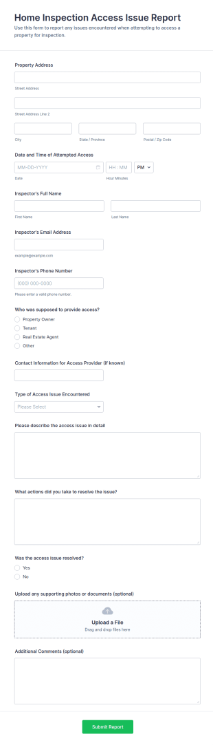 Home Inspection Access Issue Report Form Template