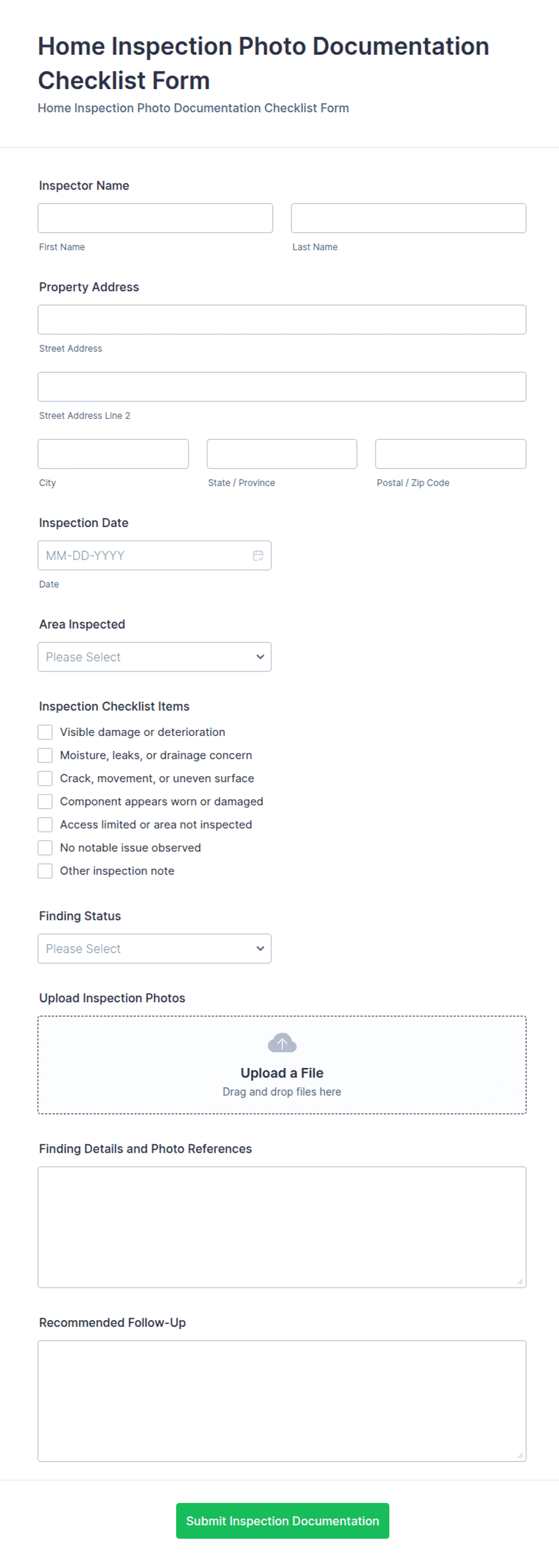 Home Inspection Photo Documentation Checklist Form Template | Jotform